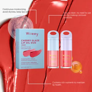 Detailed view of Wiieey moisturizing lip oil duo set with rich cherry glaze texture.