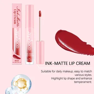 Detail of Zephoco true red matte lip cream showing texture swatch and wand.