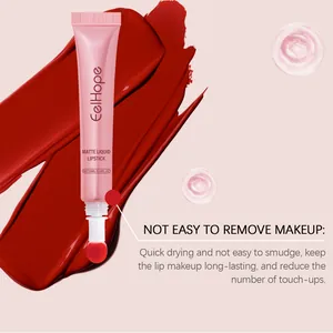 Red matte liquid lipstick swatch with applicator and long-lasting formula detail