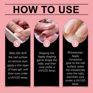 Detailed step-by-step instructions for applying transparent nail gel and rhinestones.