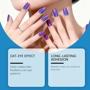 Detailed view of vibrant blueberry cat-eye gel nails featuring a long-lasting effect