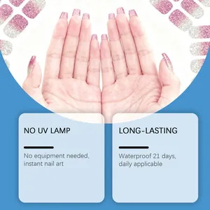 Detail of pink glitter gradient gel nail stickers, waterproof and no UV lamp required.