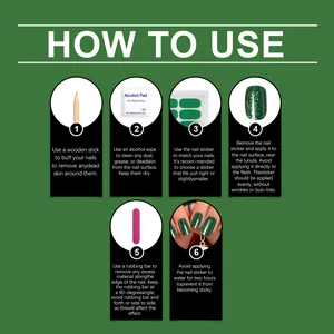 Detailed step-by-step instructions for applying green glitter gel nail stickers