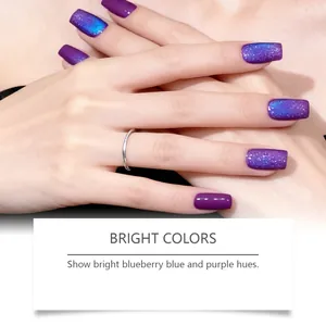 Close-up of blueberry cat eye nail gel polish showing vibrant blue and purple hues