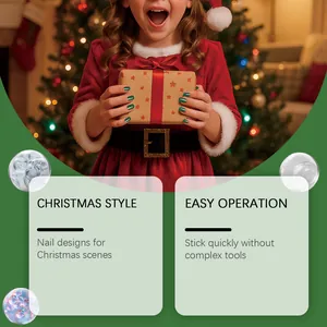 Detail showing festive green glitter nail stickers for Christmas DIY manicure decor