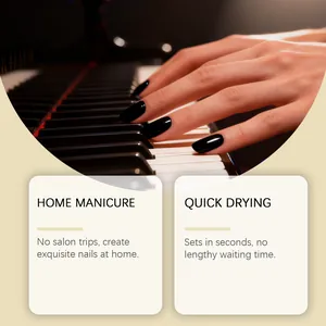 Detailed view of glossy black nails on piano keys showcasing home DIY nail kit