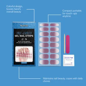 Detail view of Nymixa purple gradient gel nail strips kit with application accessories