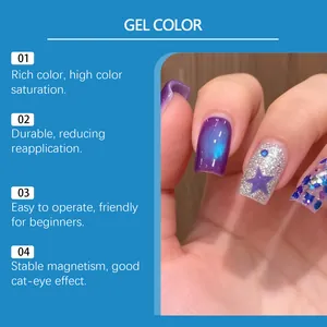 Close-up of cat-eye nail gel with purple galaxy and silver glitter star effects