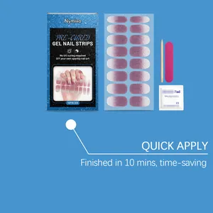 Nymixa pre-cured sparkly gel nail strips kit with manicure accessories on blue background