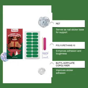 Detail of Christmas gel nail stickers showing material layers and alcohol prep pad