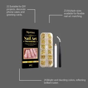 Gold nail art charm set including various shapes, tweezers, and a white dotting pen tool