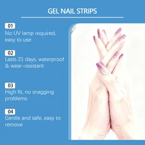 Detail view of pink glitter gel nail strips showing benefits like no UV lamp needed