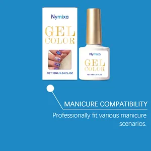 Professional Nymixa nail gel polish packaging and bottle detail against blue backdrop