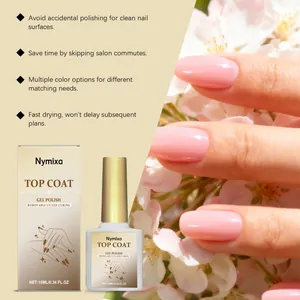Nymixa high-gloss top coat gel polish set against an elegant pink floral background