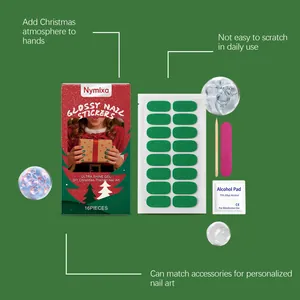 Professional Nymixa Christmas green glitter gel nail sticker kit with 16 pieces and tools