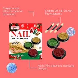 Détails du kit de poudre chromée Nymixa pour ongles avec trois couleurs et applicateurs.