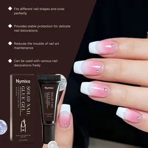 Detail view of Nymixa solid nail glue gel with no UV lamp required feature on manicure