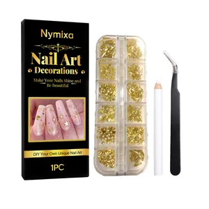 Nymixa Golden Nail Art Decoration Set DIY Copper Star Moon Charms With Manicure Tweezers And Wax Dotting Pen Tools For Women