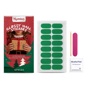 Festive Christmas green glitter soft gel nail stickers set with file and alcohol pad