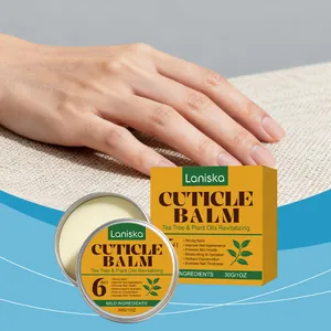 Macro detail of Laniska 6-in-1 tea tree cuticle balm tin beside its yellow box