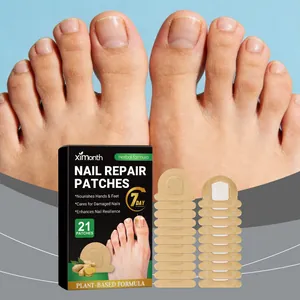Detailansicht der ingwerhaltigen Nagelreparaturpflaster mit Verpackung und Anwendung.