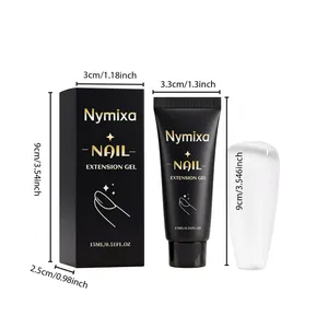 Vista detallada del gel de extensión de uñas Nymixa con dimensiones del tubo de 15ml y caja.