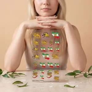 Close-up detail of Persian theme nail art stickers featuring lion and sun motifs