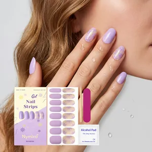 Complete purple flower soft gel nail strip set with file, stick, and alcohol prep pad