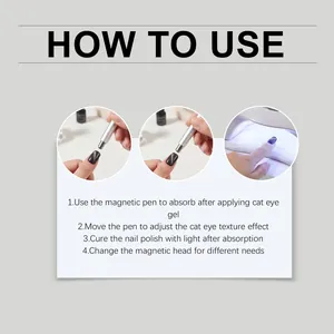 Detailed instructional guide showing step-by-step how to use the 3-in-1 cat eye nail magnetic pen