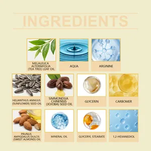 Detailed list of ingredients for nail care cream including jojoba and tea tree oils