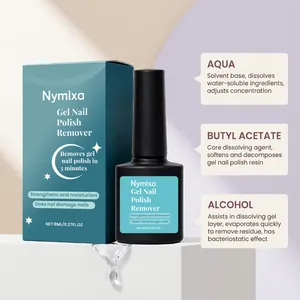 Detailed ingredient breakdown for Nymixa gel nail polish remover with bottle and box.