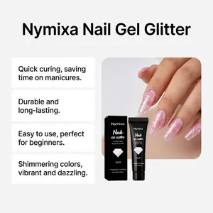Detailed view of Nymixa pink glitter nail extension gel showing shimmering effect