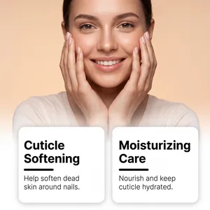 Detailed view of professional cuticle softening and moisturizing care for healthy, shiny nails