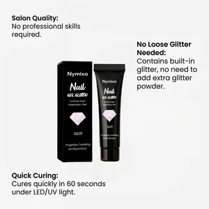 Nymixa glitter nail extension gel detail showing professional packaging and features