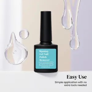 Professional close-up of Nymixa gel nail polish remover bottle with floating clear liquid drops