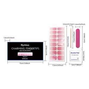 Dimensiones detalladas del set de tiras de gel para uñas rosas con sus accesorios