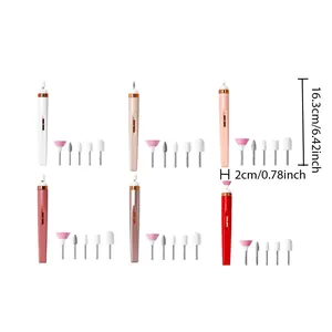 Detailed view of portable electric nail drills in six colors with 5 grinding heads