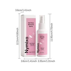 Dimensions du spray de retrait de colle à ongles Nymixa pour flacon et boîte sur fond blanc