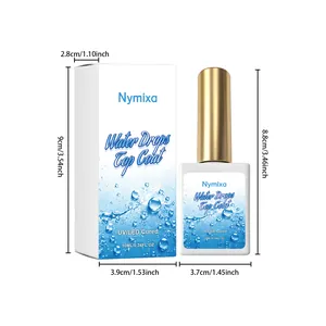 Dimensiones detalladas del frasco de gel de uñas Nymixa Water Drops Top Coat y caja.