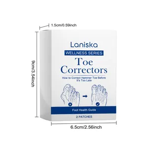 Detailed dimension view of Laniska Toe Corrector packaging showing size in cm and inches