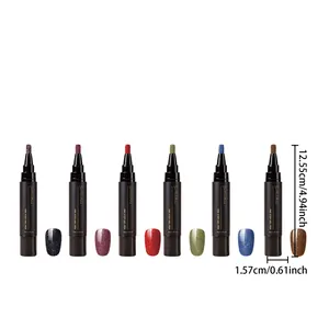 Dimensions détaillées des stylos gel vernis à ongles en sept couleurs vives.
