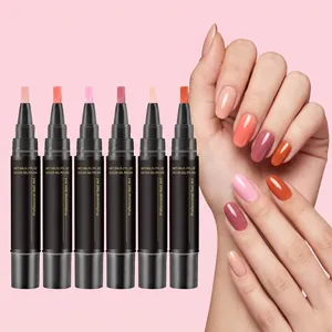 Detail showing six colorful UV/LED gel polish pens and a matching manicured hand
