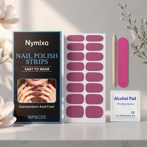 Detailansicht des Nymixa-Gelnagelstreifen-Sets mit 16 lila Streifen und Werkzeugen