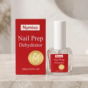 Close-up detail of Nymixa nail prep dehydrator glass bottle with red packaging box
