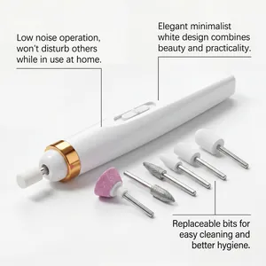 Detail view of portable electric nail drill with 6 interchangeable bits and white design.