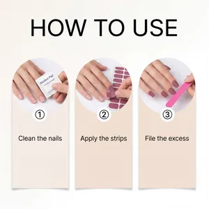 Anleitung in drei Schritten zum Auftragen purpurroter Soft-Gel-Nagelstreifen für DIY