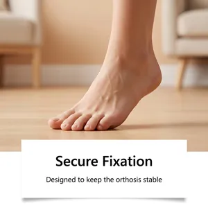 Close-up of a bare foot standing on wooden floor showing secure orthosis fixation