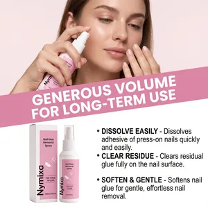 Détails du spray dissolvant de colle à ongles Nymixa montrant un nettoyage doux.