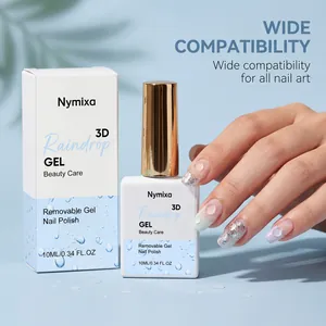Detalle del efecto de gel 3D gota de lluvia en uñas con frasco de esmalte Nymixa