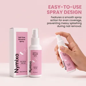 Vue détaillée du spray dissolvant pour colle à ongles Nymixa et application de brume